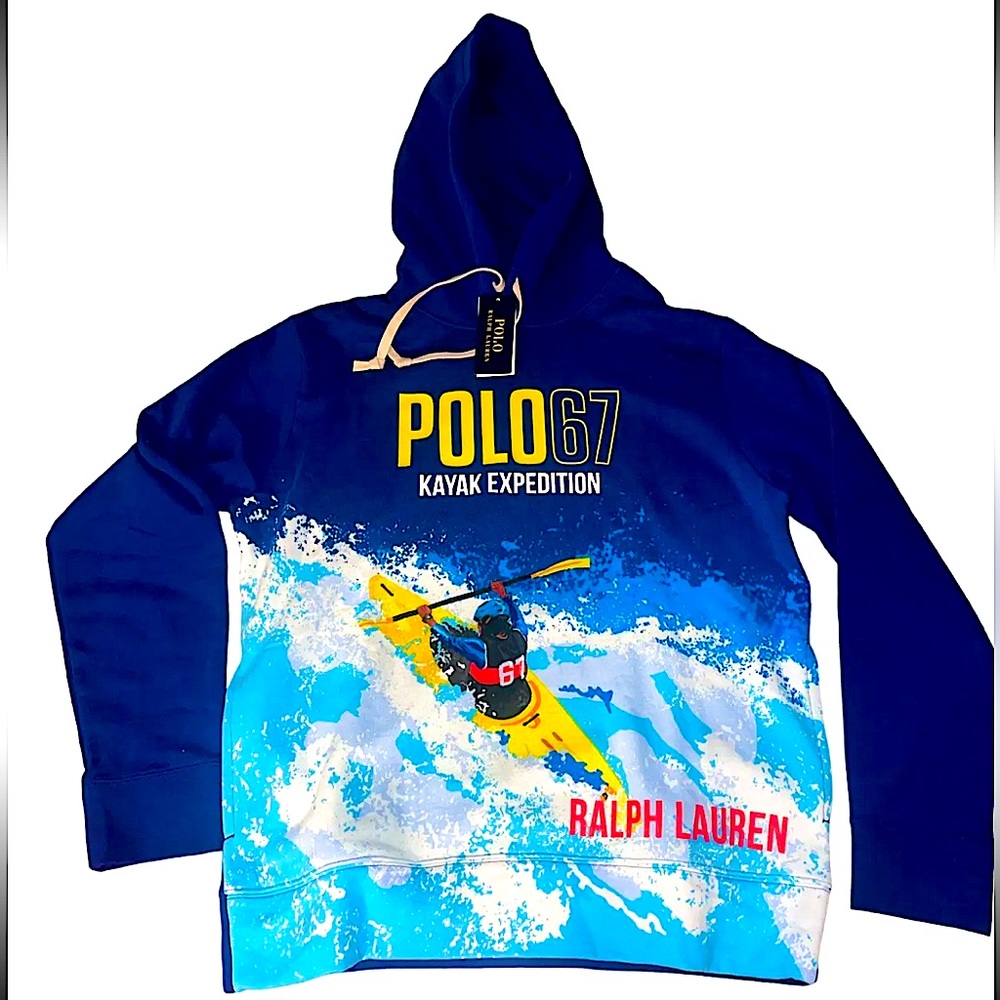 🛶 NWT Polo Ralph Lauren Kayak Expedition Graphic Fleece Hooded Sweatshirt Large